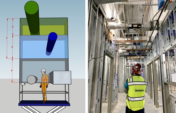 A challenge in the construction industry is accessing narrow spaces above ceilings when working on a scissor lift platform.