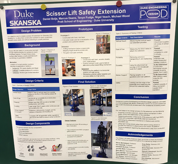 : As part of their final presentation, the students developed a poster that informed their class and professors on the design problem, criteria and components as well as their prototypes, solution, testing and project conclusion with the next steps.
