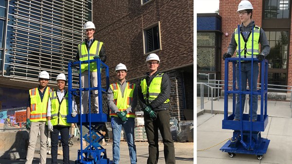 The students showcased their final prototype in December. The “mini-lift on a scissor lift” provides an additional four feet of vertical working height.