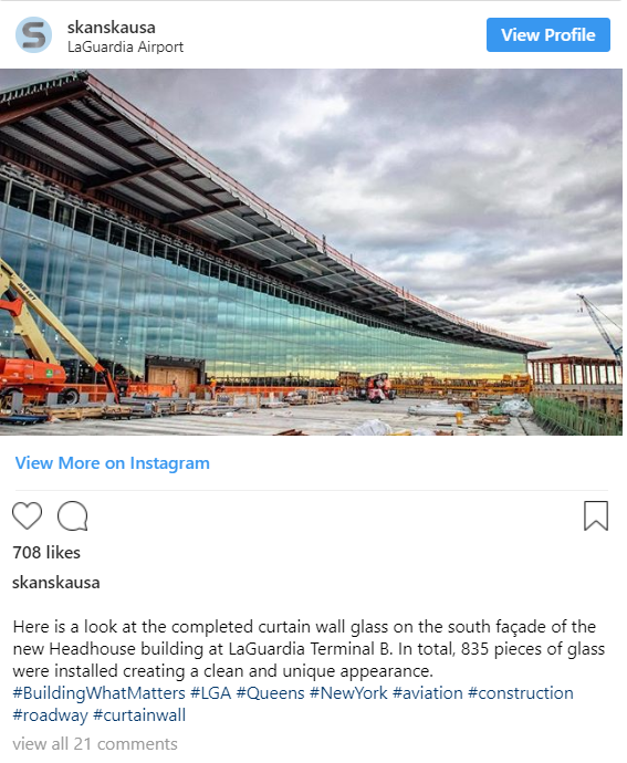 The completed curtain wall glass on the south façade of the new Headhouse building at the LaGuardia Terminal B Redevelopment project—703 likes