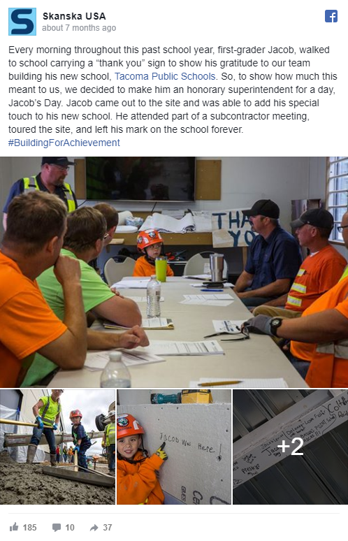 Our team makes Jacob an honorary superintendent at our Tacoma Public Schools, Browns Point Elementary project to show our gratefulness for his ‘Thank You’ sign—345 reactions, comments and shares