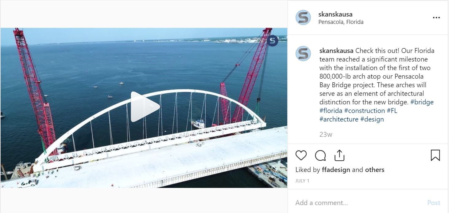 Our Pensacola Bay Bridge project reaches a major milestone: the installation of the first of two 800,000-lb arches – 2,530 views 