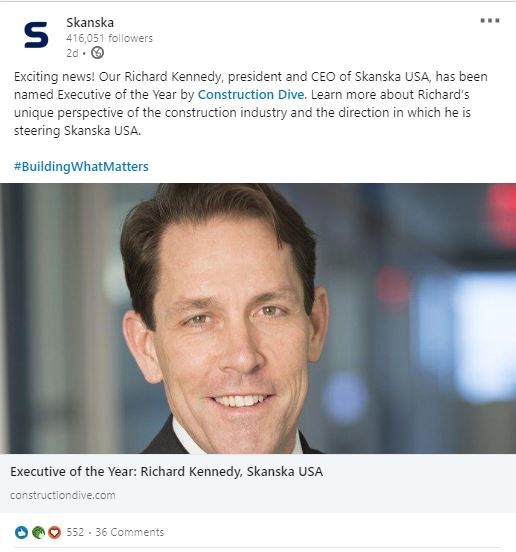 Skanska USA President & CEO Richard Kennedy is named Executive of the Year by Constructive Dive – 550 likes